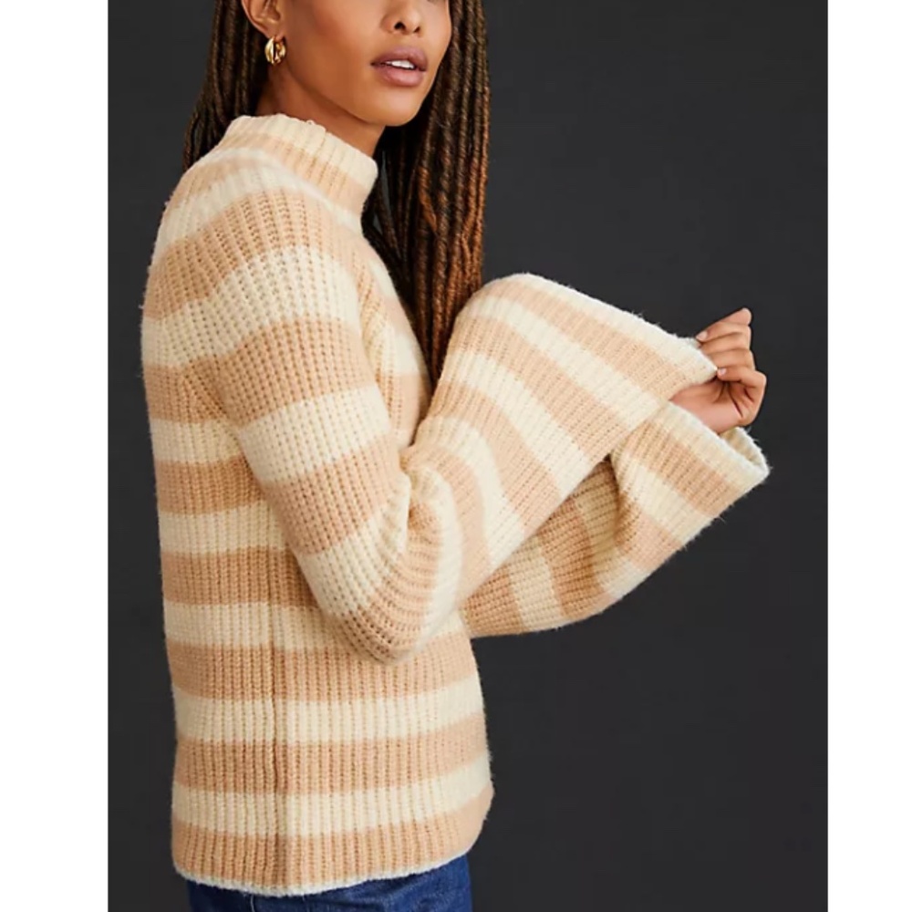Maeve - Anthropologie Mock Neck Tan Stripe Yak/Wool Bell Sleeve Sweater - Large